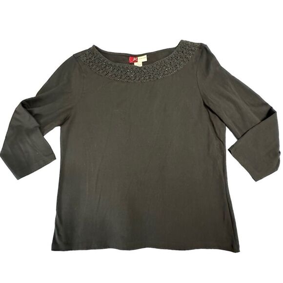 JM Collection Black beaded scoop neck 3/4 sleeve jersey Top size Large - Picture 5 of 10